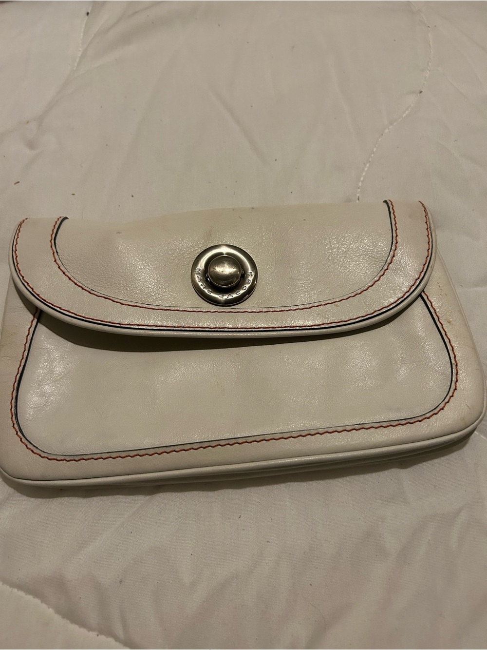 Marc Jacobs White Leather Turn-Lock Clutch with Contrast Stitching
